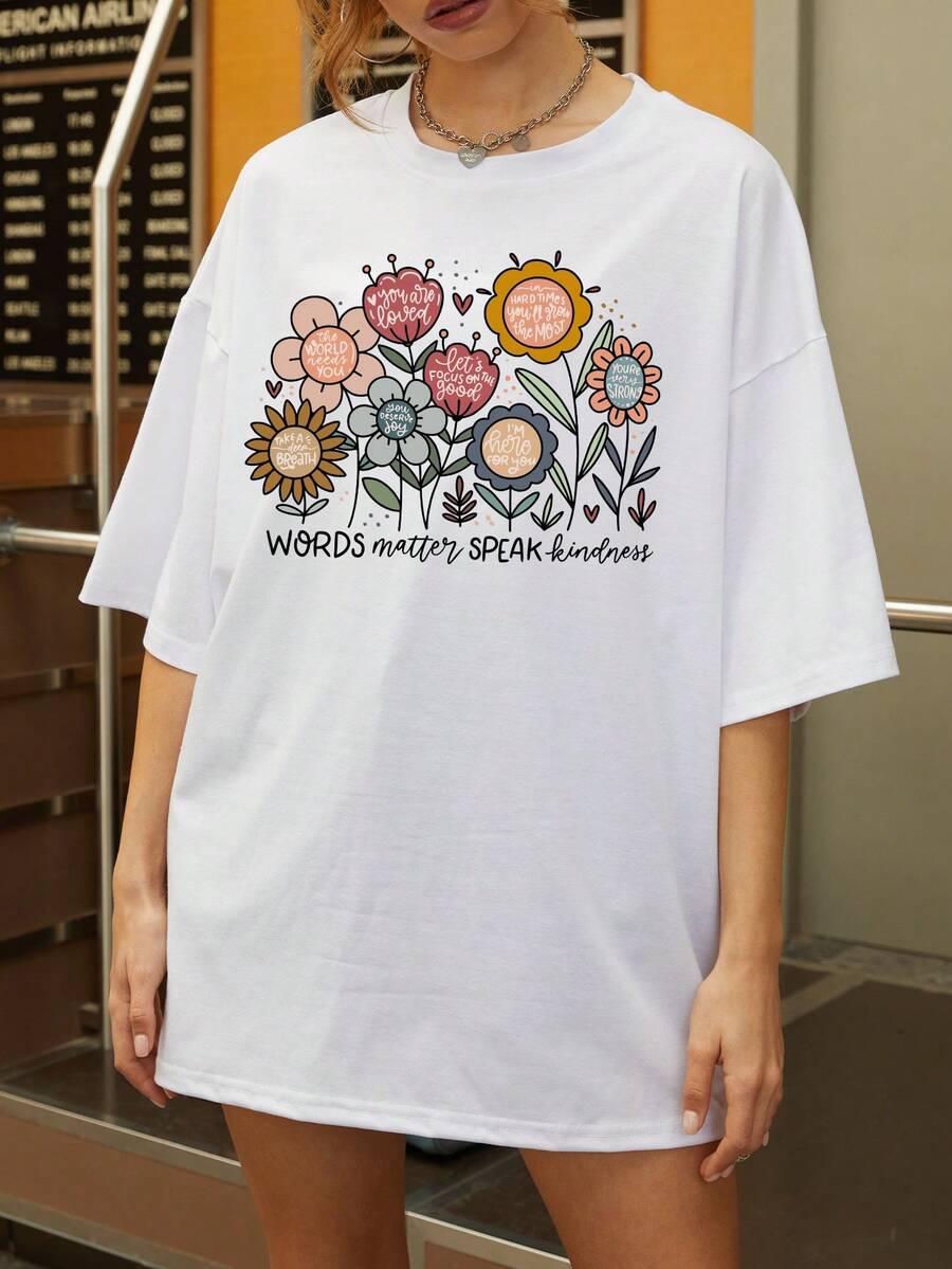 Women's Boho Floral Inspirational Quotes T-Shirt - "Words Matter Speak Kindness" Sublimation Print, Breathable Casual Tee For Outdoor Travel, Machine Washable Round Neck Top, Travel Friendly Top Floral Print Top Round Neck Tshirt, Ladies T Shirts - White - View 1
