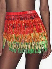 Sequin Tassel Skirt, Women's Sexy Crop Top Skirt, Adjustable Waistband, Sarong Style Wrap Skirt, Carnival Rave Dance Costume, Halloween - Multicolor - View 23