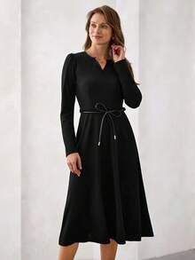 Amorya V-Neck Long Sleeve Waist Cinched Elegant Women Dress - Black - View 1