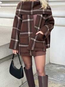 女士秋冬时尚欧式图案针织围巾，休闲短款外套 - 棕色 - 查看 2