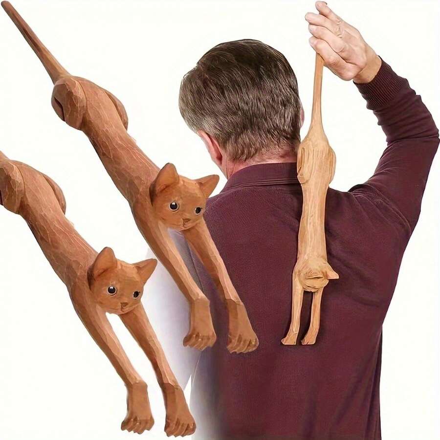 Handcrafted Wooden Back Scratcher In The Shape Of A Cat, Ideal For Relieving Itching; A Special Birthday Gift For Cat Lovers. - 駝色 - 查看 1