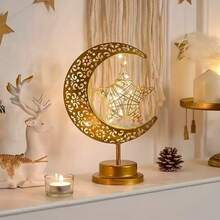 1PC Star & Moon Metal Rattan Night Light - LED Table Lamp With Golden Crescent Moon & Star Design, Perfect For Bedroom,Home, Powered By 3AA Batteries, Excluding Batteries - Entwined Vine Star and Moon Table Lamp - View 8
