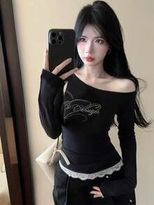 美式蕾丝字母拼接露肩长袖T恤，女士秋冬修身显瘦打底衫，黑色春季款 - 黑色 - 查看 4