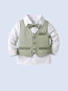 BOARNSEORL 三件套男童绅士套装 - 白色长袖衬衫配领结、绿色马甲和长裤，时尚帅气，适合生日派对、正式场合和婚礼穿着。 - 綠色 - 查看 6