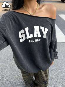 Women's Autumn And Winter Retro Men's English Letters Casual Y2k Hot Girl Simple Loose Street Retro Comfortable Off-Shoulder Long-Sleeved Sweatshirt - Black - View 4