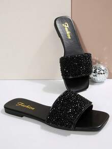 Sandalias de mujer con tiras decoradas con rhinestones, chanclas planas de plástico versátiles y casuales para exteriores