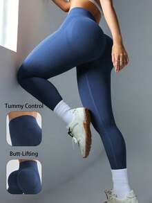 Seamless Ribbed Knit Yoga Leggings, Tummy Control, Breathable Quick-Dry, Wide Waistband, Fitness Tights, Spandex Leggings, Women's Leggings, Butt Lifting & Shaping Leggings - Navy Blue - View 1