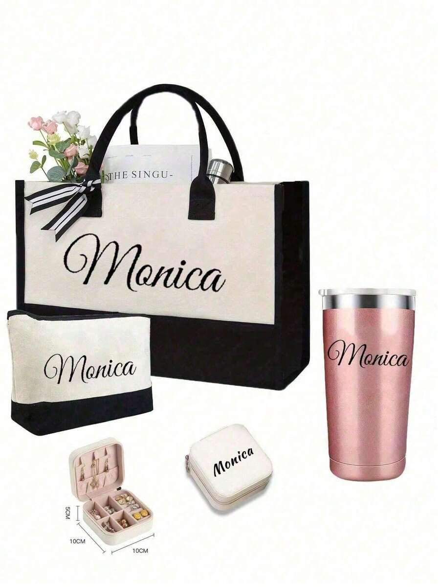 Custom Burlap Tote Bag With Makeup Bag, Personalized Letter Printed Jute Shoulder Bag, Large Capacity Handbag For Bridesmaid Graduation - Multicolor - View 1