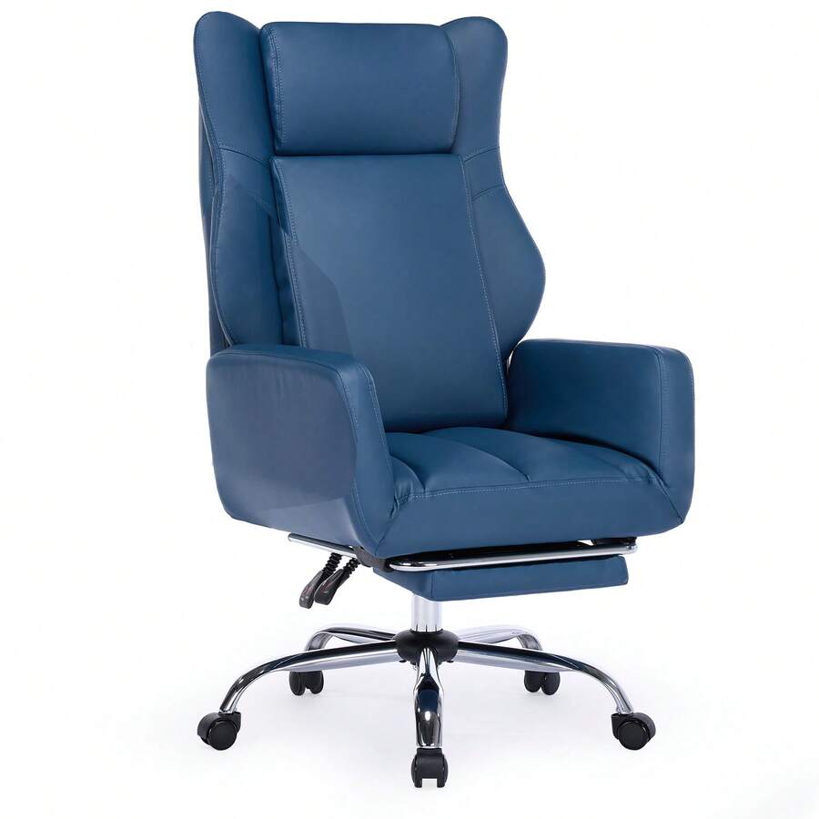 Ergonomic Office Chair With Crossed Legs, PU Leather Upholstery, Large Design With High Backrest, Fold-Up Armrests And Footrest, Complete With Headrest And Lumbar Support Cushion. - Blue - View 1