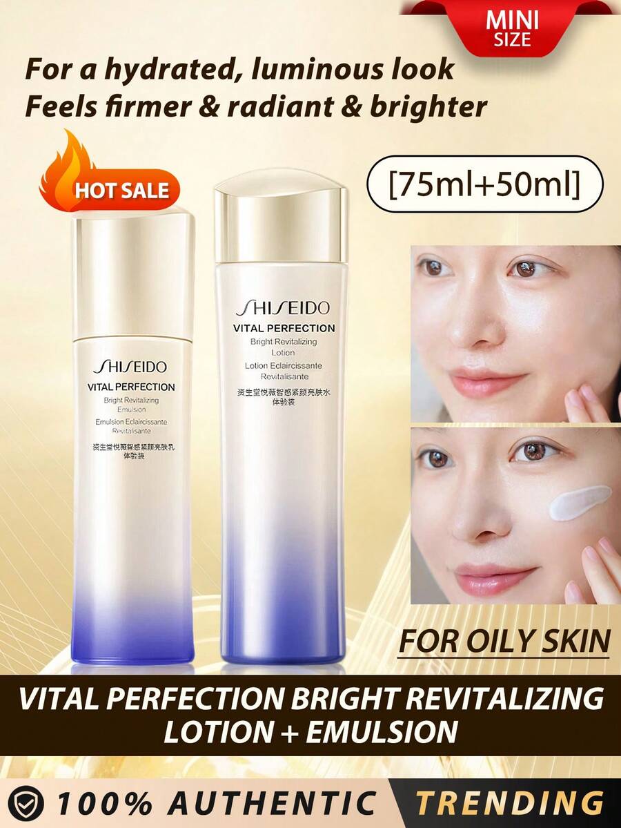 SHISEIDO [Mini] Sữa dưỡng da sáng mịn Vital Perfection Bright Revitalizing 75ml + Sữa dưỡng da sáng mịn Vital Perfection Bright Revitalizing Emulsion 50ml [DÀNH CHO DA DẦU] / Đánh thức sức mạnh tái tạo của làn da để có vẻ ngoài tươi sáng, ngậm nước / Trải nghiệm vẻ ngoài trẻ trung hơn / Làn da săn chắc hơn, rạng rỡ hơn và hướng tới một tương lai tươi sáng hơn / Cải thiện rõ rệt tình trạng thâm nám và xỉn màu. - Đối với da dầu: 75ml + 50ml - Xem 1