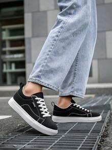 Men's Fashionable Casual Low-Top Shoes, Comfortable Thick-Soled Lace-Up Shoes, Outdoor Hiking Shoes, Classic Solid Color Sneakers For Men With A Campus Style And Versatile Look. - Black - View 12