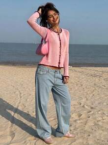 Women's Contrast Trim Round-Neck Long-Sleeved Button-Up Cardigan, Popular In Autumn And Winter, Casual Streetwear, Fall, Out-Going, Christmas, Thanksgiving