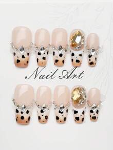 10片/套 手工亚克力按压式美甲贴片,中号棺材形,豹纹,法式美甲,渐变色,棕色,法式钻石边缘装饰,棕色钻石装饰,3D闪亮钻石装饰,可卸式假指甲,美甲用品,适合派对、舞蹈、日常佩戴、学生聚会,可重复使用,附赠果冻胶和指甲锉,DIY美甲套装 - 彩色 - 查看 2