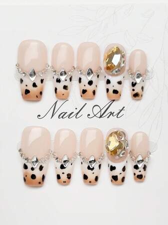 Set de 10 uñas postizas de acrílico hechas a mano, tamaño mediano con forma de ataúd, con estampado de leopardo negro, uñas con puntas francesas, decoración de diamantes 3D brillantes, uñas postizas desmontables, suministros para uñas y arte de uñas, adecuadas para fiestas, bailes, uso diario, fiestas de estudiantes, de aplicación y reutilizables, con pegamento de gelatina y lima de uñas, suministros DIY para uñas