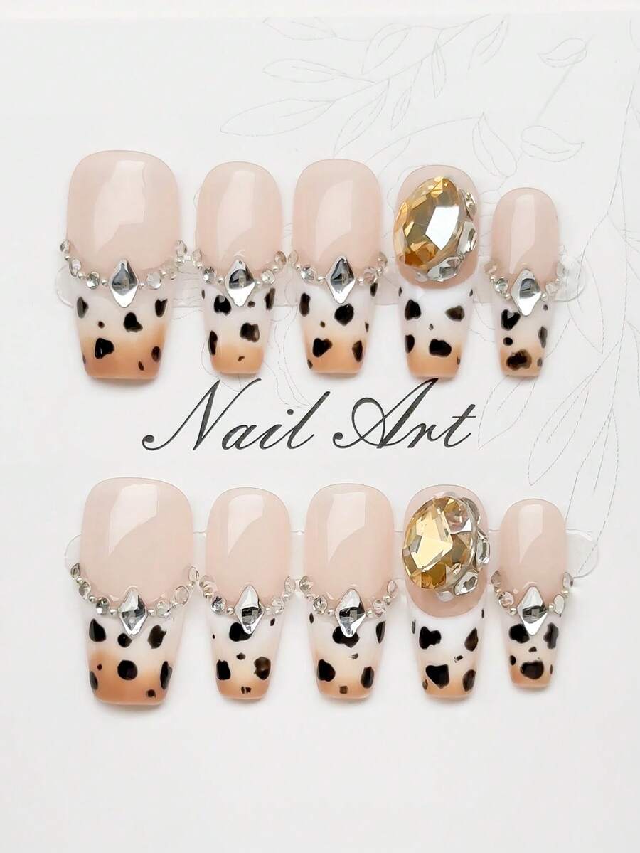 10片/套 手工亚克力按压式美甲贴片，中号棺材形，豹纹，法式美甲，渐变色，棕色，法式钻石边缘装饰，棕色钻石装饰，3D闪亮钻石装饰，可卸式假指甲，美甲用品，适合派对、舞蹈、日常佩戴、学生聚会，可重复使用，附赠果冻胶和指甲锉，DIY美甲套装