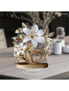 2D Acrylic Floral Desktop Decor, Blooming Lily Design With Golden Leaves And Stamens | Suitable For Living Room And Office | Bohemian Style | Ideal Gift For Holidays And Birthdays - Multicolor - View 4