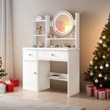 Dressing Table, Makeup Table With Drawers, Vanity Desk With Mirror And LED Lights, 3 Lighting Modes, Multifunctional Makeup Writing Desk For Bedroom - Xem 6