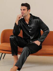 Bộ đồ ngủ hai mảnh bằng vải satin trơn cổ áo sơ mi tay dài và quần dài cho nam phù hợp với mọi mùa - màu đen - Xem 5