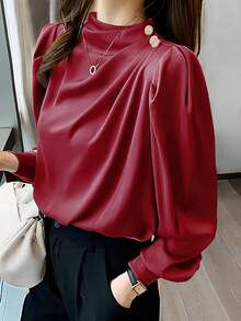 Áo sơ mi đi làm nhẹ nhàng cho nữ có cổ đứng xếp nếp và tay áo công chúa, mùa xuân/thu - Màu Đỏ Sâu - Xem 4