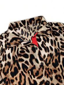 HUTENER Leopard Print Color Block Short Sleeve Dress With Turndown Collar, For Women, Spring/Summer - Volcanic Gray - View 3