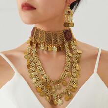 Vintage Exotic Bohemian Palace Ancient Gold Coin Multi-Layer Necklace, Hollow Alloy Exaggerated Tassel Bead Necklace, Tassel Coin Necklace, 3-Piece Set With Rhinestone Pendant Earrings - Ancient Coin Multi-layer Necklace Set - View 9