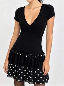 Women Dot Print Summer Dress Slim Deep V Neck Short Sleeve A-Line Mini Layered Ruffle Dresses - Black - View 1