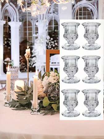 6 piezas Portavelas de diseño de cristal hexagonal, adecuados para decoración de mesa del hogar, centro de mesa con velas, decoración de boda, cena romántica, fiesta de cumpleaños, días festivos