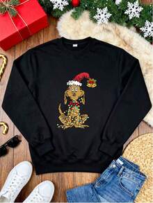 Blusa de sudor para mujer con estampado de perro navideño, ideal para fiestas de Navidad y regalos, cómoda y de estilo festivo, sweatshirt con detalles navideños como gorro de Santa y luces, perfecta para el periodo navideño y ocasiones festivas - Negro - Ver 3