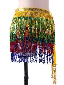 Sequin Tassel Skirt, Women's Sexy Crop Top Skirt, Adjustable Waistband, Sarong Style Wrap Skirt, Carnival Rave Dance Costume, Halloween - Multicolor - View 17