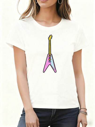 Women's White T-Shirt With Colorful Electric Guitar Print For Casual Wear Home Travel Festival Party