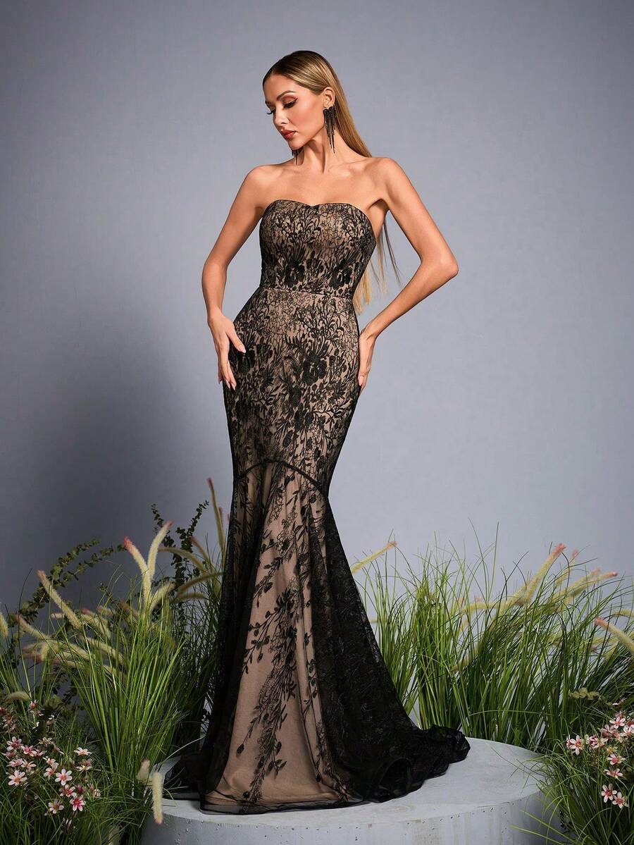 Anpoket 新款抹胸高端伴娘礼服撞色蕾丝修身鱼尾长裙 - 黑色 - 查看 1