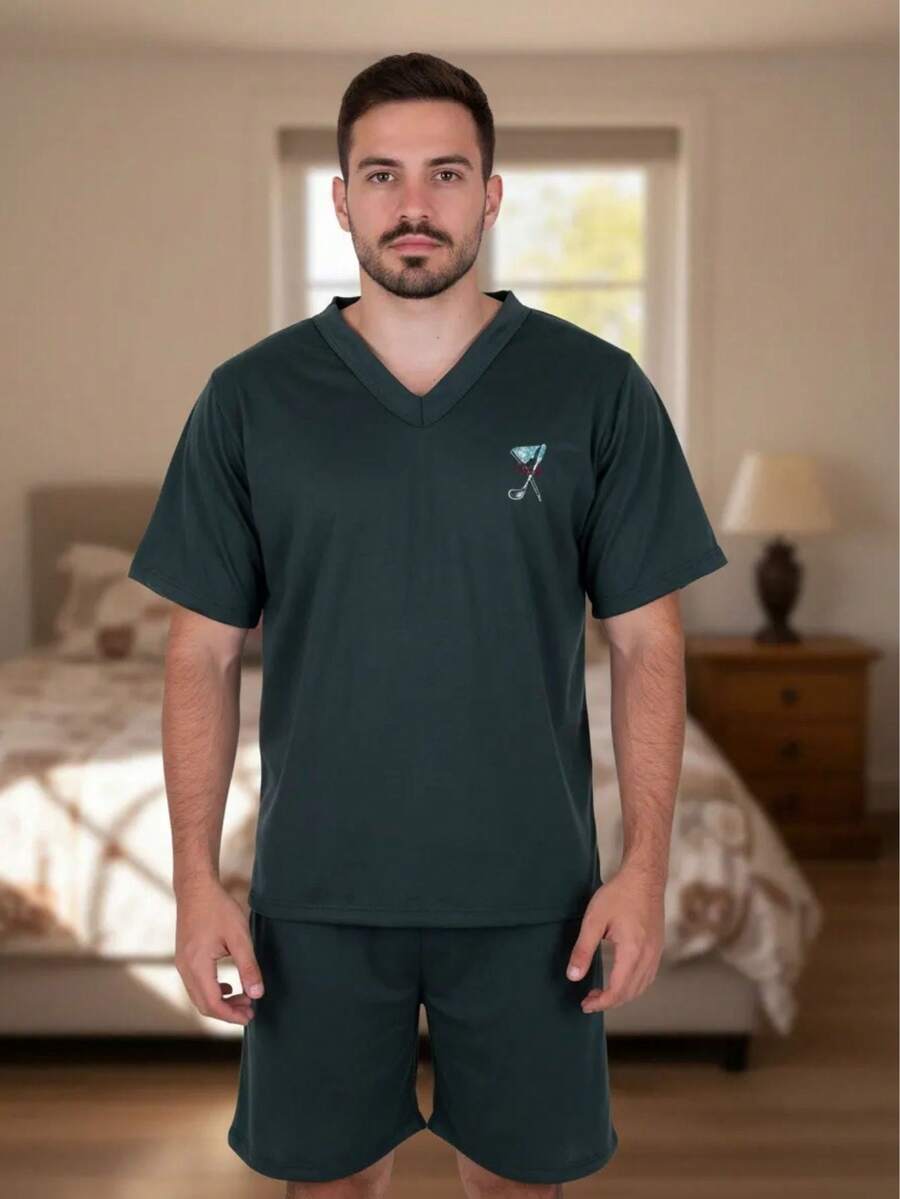 Men's Short Pajama Set - Adult Short-Sleeved V-Neck Shirt And Shorts - Dark Green - View 1