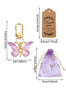 Purple Butterfly Keychain Guest Favor Set, Wedding Gift Box Set, Party Favors, Includes Purple Acrylic Keychain, Brown Thank You Card, And Purple Organza Drawstring Bag. Suitable For Bridal Shower, Bridesmaid/Groomsman Gifts, Wedding Favors, Table Decor, Bachelorette Party, Home Decor. - Purple - View 3