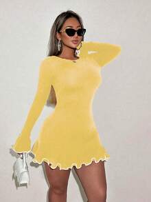 Đầm len ngắn kiểu dáng gợi cảm, gợn sóng, viền xoăn, phong cách Kawaii, thời trang đường phố, sang trọng, phù hợp cho tiệc tùng. - Màu vàng ngỗng - Xem 4