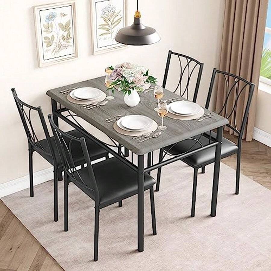 Juego de mesa de comedor de 5 piezas, juego de mesa de cocina y sillas para 4, fácil de limpiar, marco de metal, mesa de madera con sillas suaves, juego de comedor de espacio pequeño para - Gris - Ver 1