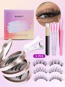 MAGEFY 3 Pairs Magnetic False Eyelashes Set, Includes Magnetic Clips, Multi-Function Brush, 3 Curled Lashes, And Eyelash Curler, Mixed Styles, No Glue Needed, Round Magnets, Long-Lasting, Natural & Realistic, Reusable, 7-13mm Faux Mink Lashes, Suitable For Daily Wear, Waterproof, Cartoon Style, Extended Outer Corner Design, Enlarges Eyes, Slim & Long, Ideal For Travel, Beach, Camping - 自然纖長款 - 查看 2