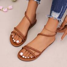 新款时尚PU皮编织凉鞋，适合海滩、派对、四季穿着 - 巧克力棕 - 查看 4