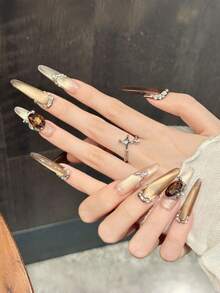 10pcs Handmade Nails Oval Nails Press On Nails Long Extra Long, Gentle Brown Nails, Maillard Color Flashy Cateye, Nail Gems 3D Large Bow Diamond Stone Pearl Inlaid, Luxury Elegant Handcrafted Autumn Nails, Fall Press On Nails, Y2K Style Festival Nail Party Daily & Dating Use Beach Tropical Getaway Suitable,DIY False Nail Art Suitable For Women & Girls As Gift Nail Supplies - Multicolor - View 3