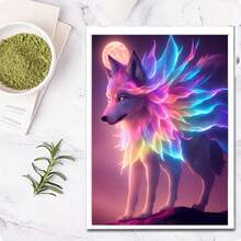 1套5D DIY钻石画套装 - 梦幻彩色发光狼钻石画，月亮星空动物全钻DIY手工墙饰，圣诞装饰品 - 彩色 - 查看 2