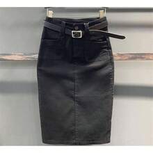 Falda vaquera casual de cintura alta dividida hasta la rodilla para mujer, Como se muestra en la imagen. XL - inicial - Ver 5