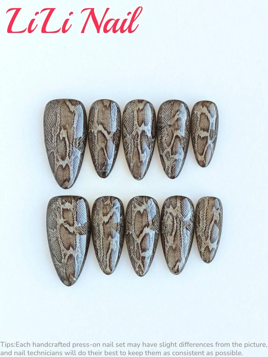 10 piezas de pegatinas de uñas de acrílico con forma de almendra hechas a mano, suministros de arte de uñas, pegatinas de uñas de tamaño mediano, pegatinas de uñas rosas y grises, pegatinas de uñas navideñas, a precio asequible, pegatinas de uñas de otoño, uñas de fiesta, juego de arte de uñas, textura de piel de serpiente, incluye herramientas para uñas