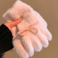 Women's Knitted Plush Gloves With Cute Bow, Winter