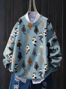 女士涤纶罗纹针织长袖套头毛衣，饰有可爱猫咪印花，中等弹力面料 - 淺藍色 - 查看 8