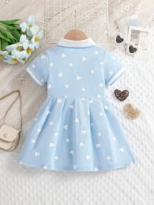 女童翻领爱心印花短袖polo衫连衣裙，夏季 - 淺藍色 - 查看 2