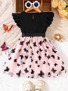 女童休闲时尚针织短袖蝴蝶植绒网纱连衣裙，节日派对礼物 - 粉色 - 查看 2