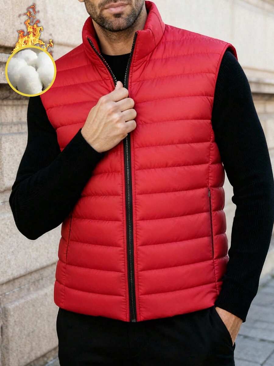 男士无袖羽绒背心，轻薄拉链立领休闲外套，秋冬款 - 紅色 - 查看 1