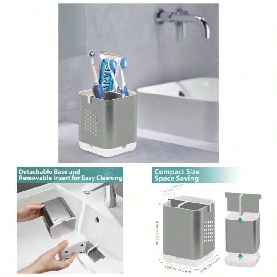 Toothbrush Holder Toothpaste Organizer Drainage Bathroom Vanity, Detachable Anti - Slip Brushed Nickel Toothpaste Storage Caddy 3 Slots With Drainage Holes Brush Stand - Bạc đánh bóng - Xem 1