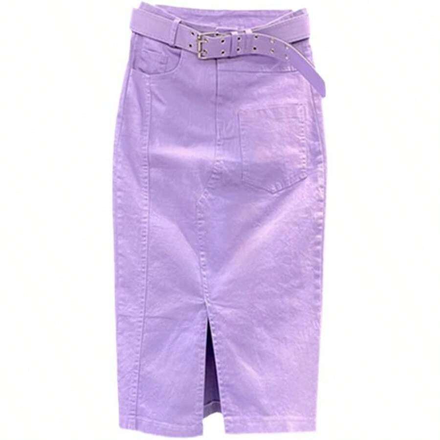 Falda vaquera casual de cintura alta dividida hasta la rodilla para mujer, Como se muestra en la imagen. XL - inicial - Ver 1