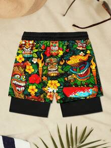 Men's Summer Vacation Tropical Print Drawstring Waist Double Layer Beach Shorts - Multicolor - View 3