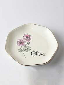 Bandeja de Joias de Cerâmica Personalizada com Flor de Nascimento, Prato de Anel com Flor em Aquarela Personalizado, Presente de Proposta para Madrinha, Bandeja de Organização de Penteadeira - Multicolorido - Visão 21